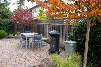 A table and chairs are set up on a brick patio.